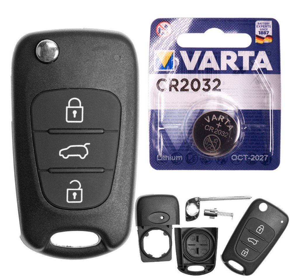 mt-key Auto Klapp Schlüssel Ersatz Gehäuse 3 Tasten + Rohling + VARTA CR2032 Knopfzelle, CR2032 (3 V), für Hyundai i20 PB i30 FD Elantra ix20 JC Funk Fernbedienung von mt-key
