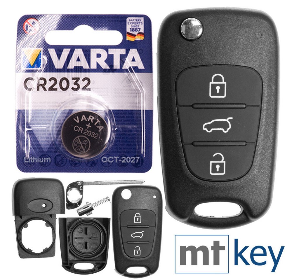 mt-key Auto Klapp Schlüssel Ersatz Gehäuse 3 Tasten + Rohling + VARTA CR2032 Knopfzelle, CR2032 (3 V), für KIA RIO III CEED I SPORTAGE III SOUL I Funk Fernbedienung von mt-key