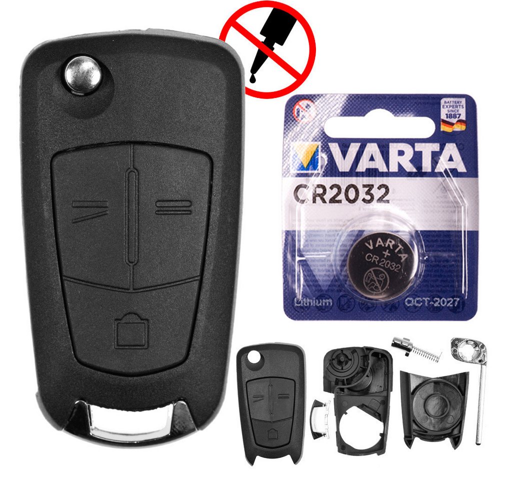 mt-key Auto Klapp Schlüssel Ersatz Gehäuse 3 Tasten + Rohling + VARTA CR2032 Knopfzelle, CR2032 (3 V), für Opel Zafira B Antara Chevrolet Captiva Funk Fernbedienung von mt-key