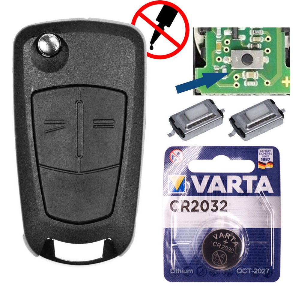 mt-key Auto Klapp Schlüssel Gehäuse + Mikrotaster + Rohling + VARTA CR2032 Knopfzelle, CR2032 (3 V), für OPEL Funk Fernbedienung von mt-key