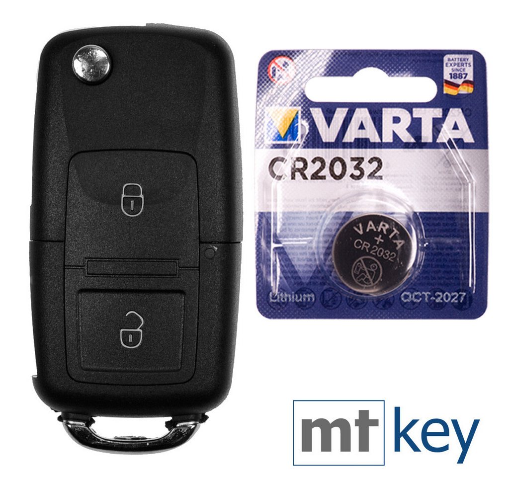 mt-key Auto Klapp Schlüssel Gehäuse 2 Tasten + HAA Rohling + VARTA CR2032 Knopfzelle, CR2032 (3 V), für VW Golf Sharan T5 SKODA Fabia Octavia Funk Fernbedienung von mt-key