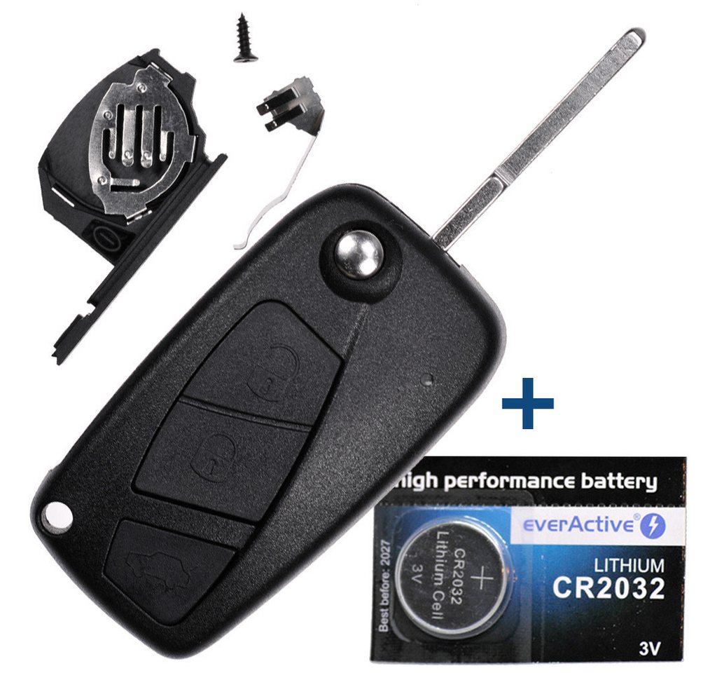 mt-key Auto Klapp Schlüssel Gehäuse 3 Tasten + 1x HU100 Rohling + 1x CR2032 Knopfzelle, CR2032 (3 V), für FIAT Panda Punto Qubo Ducato Iveco Daily Funk Fernbedienung von mt-key