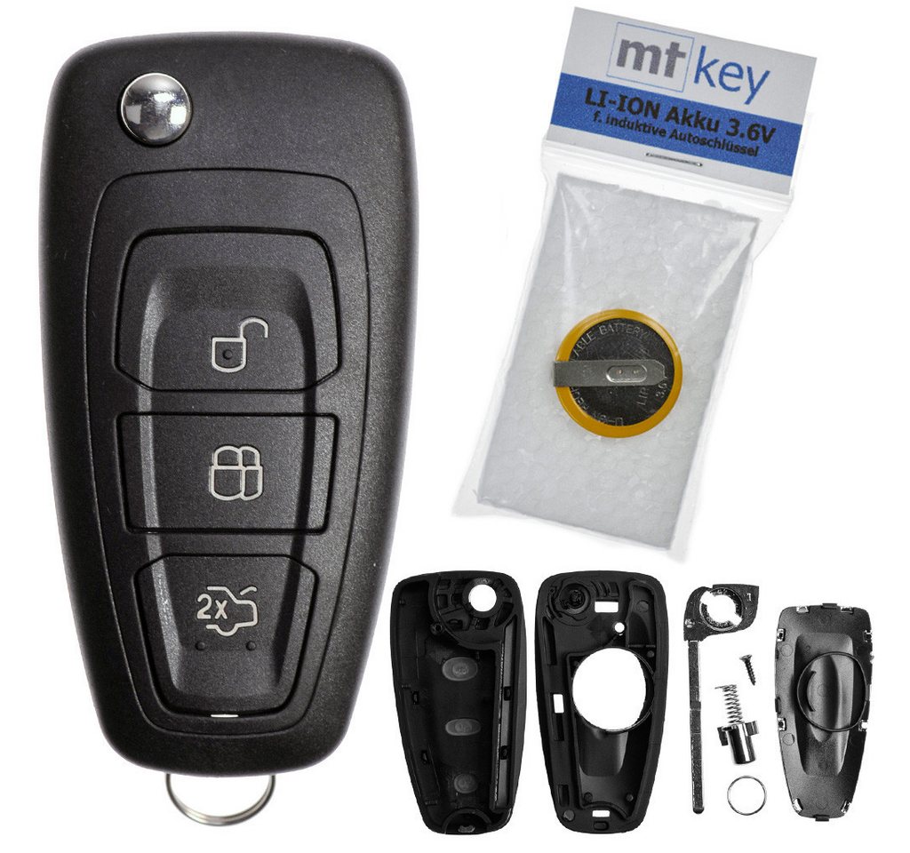 mt-key Auto Klapp Schlüssel Gehäuse 3 Tasten + HU101 Rohling + LIR2025 Akku Knopfzelle, LIR2025 (3,6 V), für Ford Transit Focus III Fiesta VI Funk Fernbedienung von mt-key