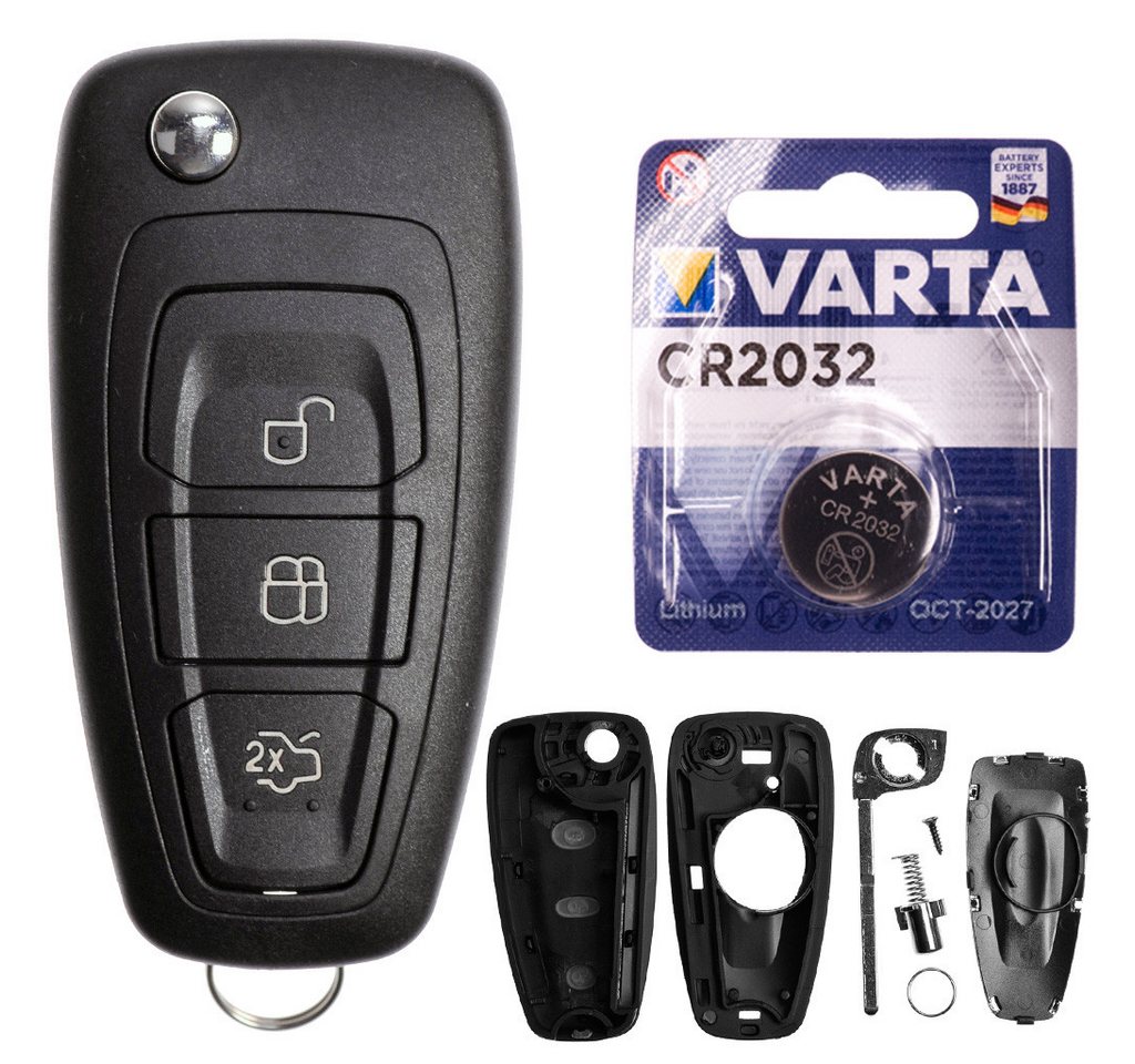 mt-key Auto Klapp Schlüssel Gehäuse 3 Tasten + HU101 Rohling + VARTA CR2032 Knopfzelle, CR2032 (3 V), für Ford Transit Focus III Galaxy II Fiesta Funk Fernbedienung von mt-key