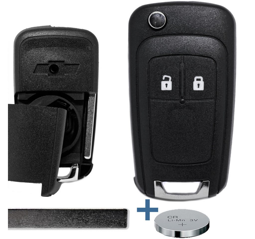 mt-key Auto Klapp Schlüssel Reparatur Gehäuse 2 Tasten + passende CR2032 Knopfzelle, CR2032 (3 V), für Chevrolet CRUZE ORLANDO AVEO KALOS MATIZ Funk Fernbedienung von mt-key