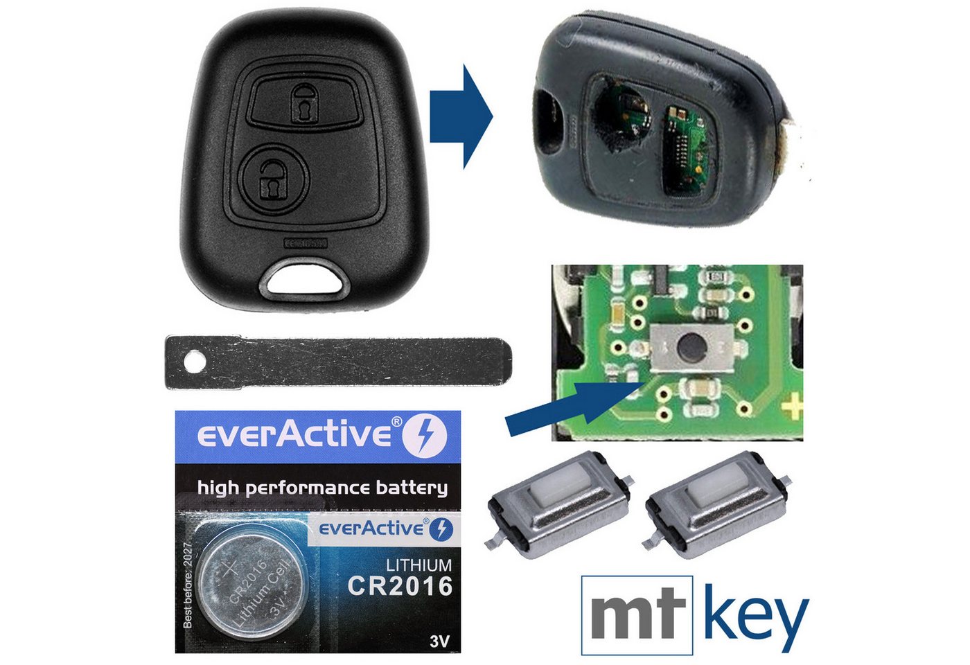 mt-key Auto Schlüssel + 1x Rohling VA2 + 2X Mikrotaster + 1x passende CR2016 Knopfzelle, CR2016 (3 V), für Citroen C1 C2 C3 Peugeot 107 Toyota Aygo Funk Fernbedienung von mt-key