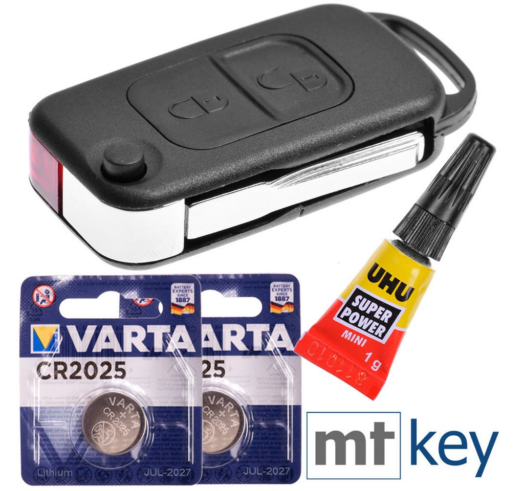 mt-key Auto Schlüssel 2 Tasten + HU44 Rohling + 1x Kleber + 2x VARTA CR2025 Knopfzelle, CR2025 (3 V), für Mercedes W168 R170 W414 W903 Chrysler Funk Fernbedienung von mt-key