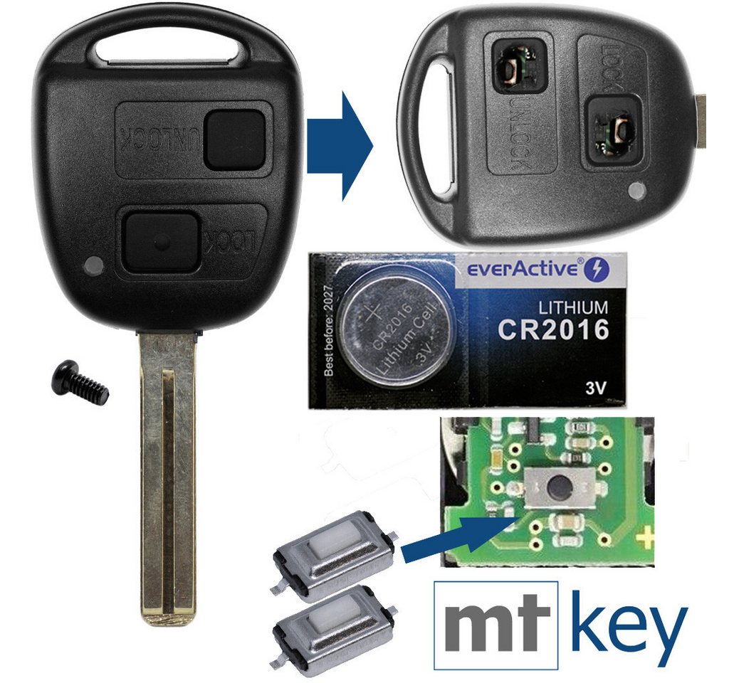 mt-key Auto Schlüssel 2 Tasten Set + TOY48 + Tastenfeld + 2X Taster + CR2016 Knopfzelle, CR2016 (3 V), für LEXUS GS LS IS RX 200 300 400 430 470 570 Funk Fernbedienung von mt-key
