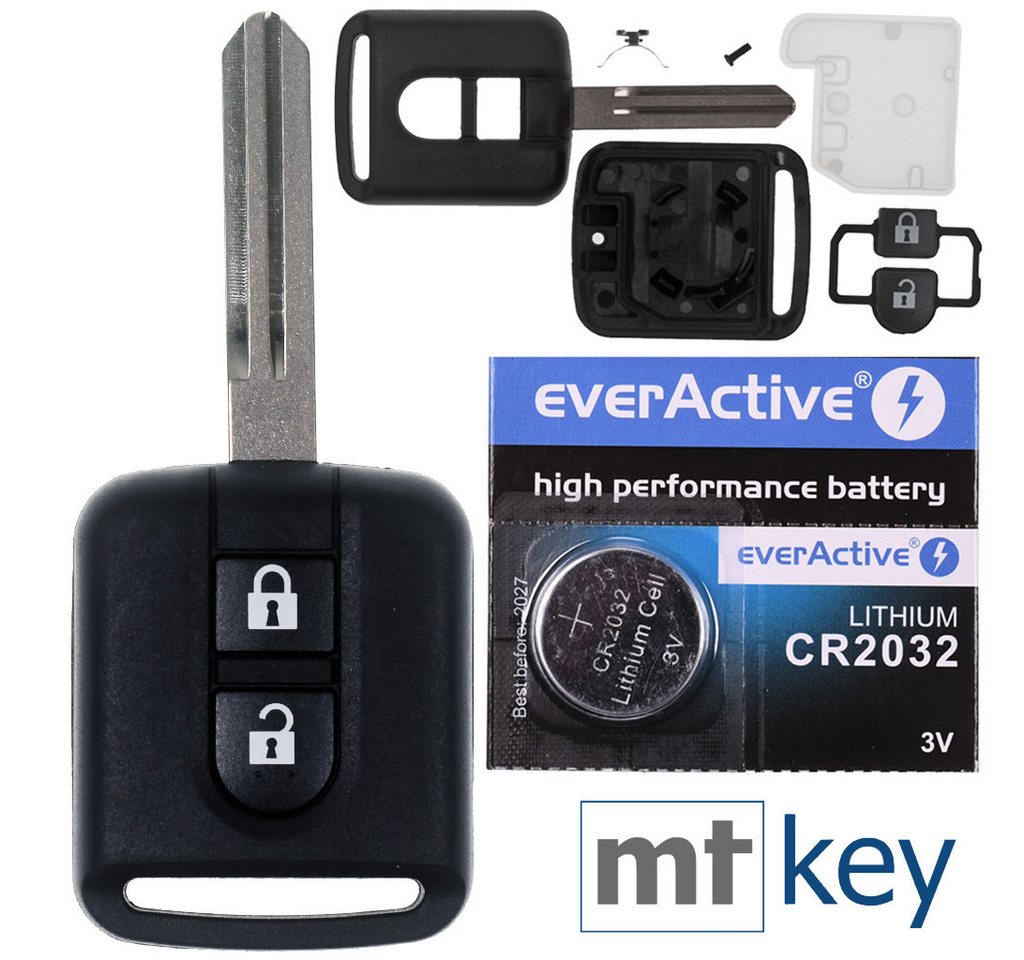 mt-key Auto Schlüssel Austausch Gehäuse 2 Tasten + Rohling + passende CR2032 Knopfzelle, CR2032 (3 V), für Nissan Qashqai Micra Note X-Trail Almera Funk Fernbedienung von mt-key