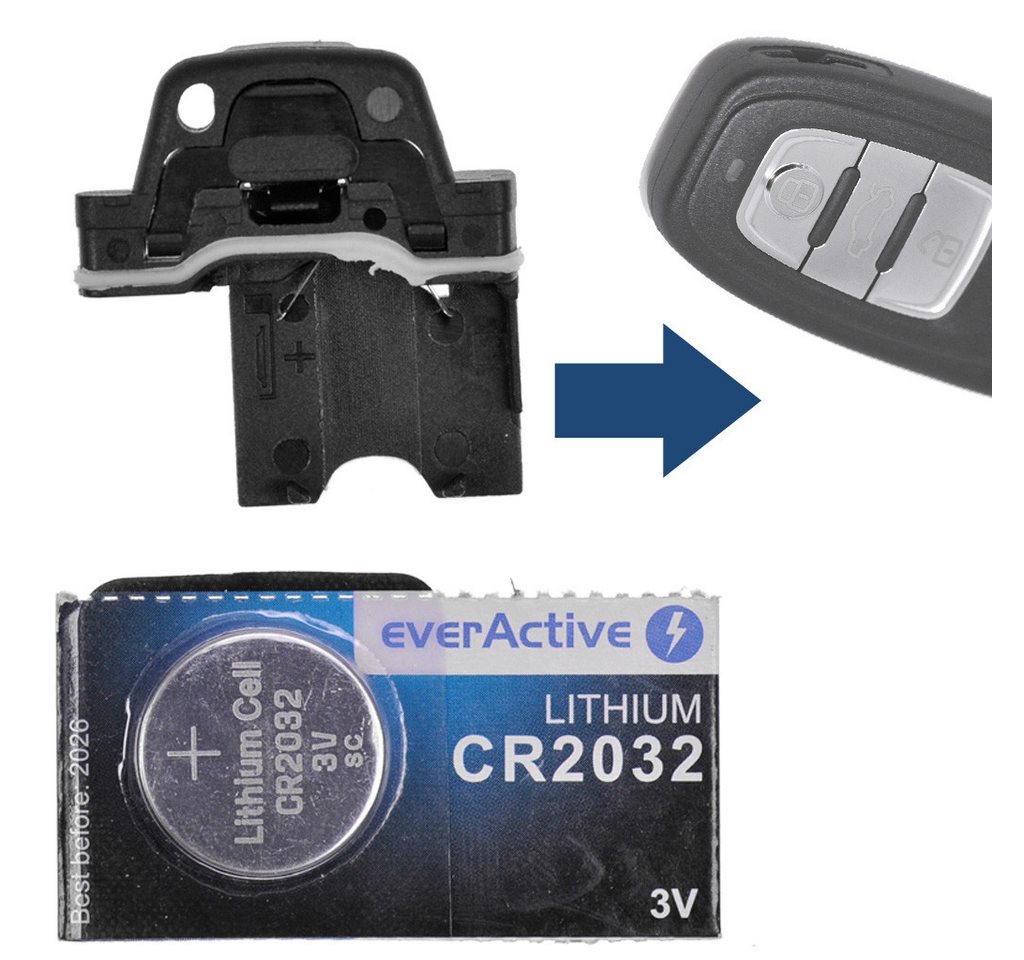mt-key Auto Schlüssel Batteriehalter Clip Reparatur Set + 1x passende CR2032 Knopfzelle, CR2032 (3 V), für Audi Q3 Q5 A4 S4 A5 S5 R8 TT Funk Fernbedienung von mt-key