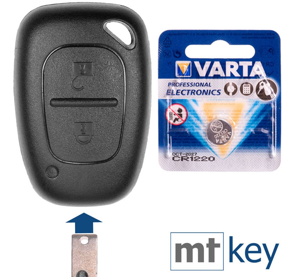 mt-key Auto Schlüssel Ersatz Gehäuse 2 Tasten + 1x VARTA CR1220 Knopfzelle, CR1220 (3 V), für Renault Kangoo Trafic Opel Movano Vivaro Funk Fernbedienung von mt-key