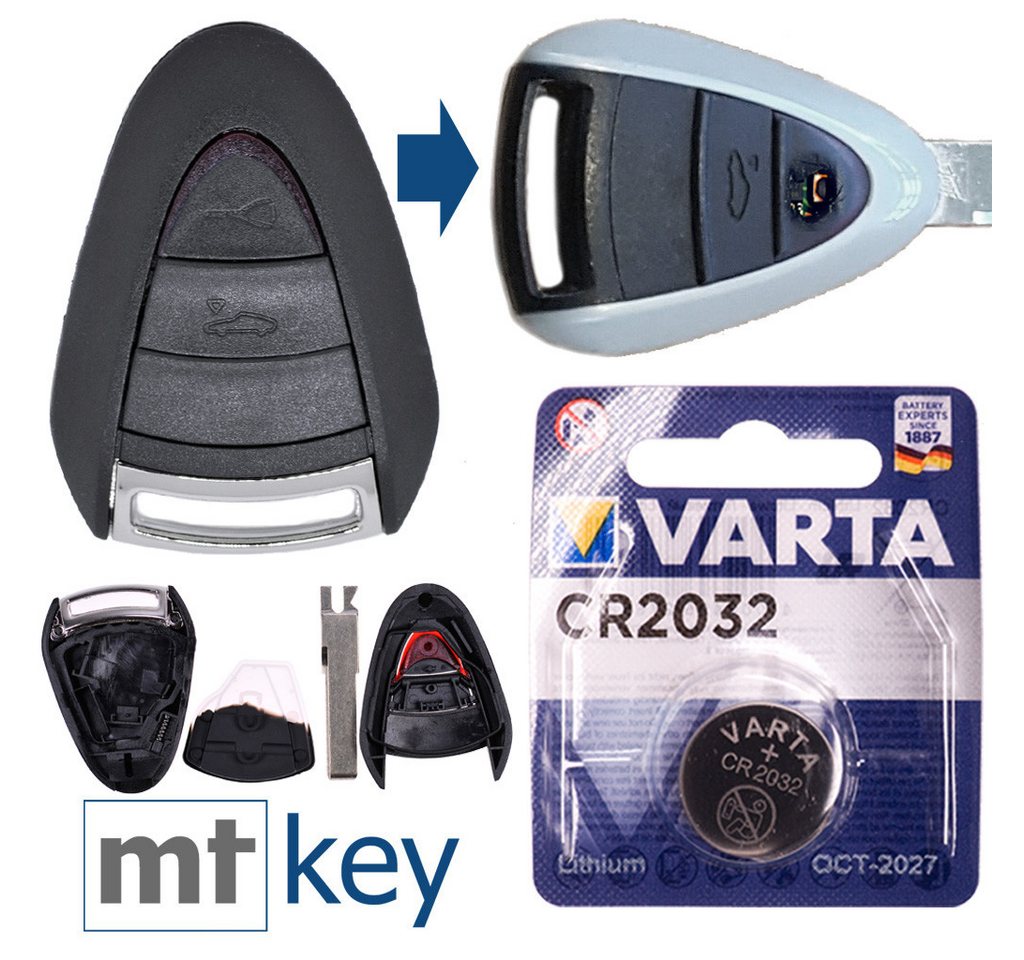 mt-key Auto Schlüssel Ersatz Gehäuse 2 Tasten + HAA Rohling + VARTA CR2032 Knopfzelle, CR2032 (3 V), für PORSCHE 911 997 987 Boxster Cayman Funk Fernbedienung von mt-key