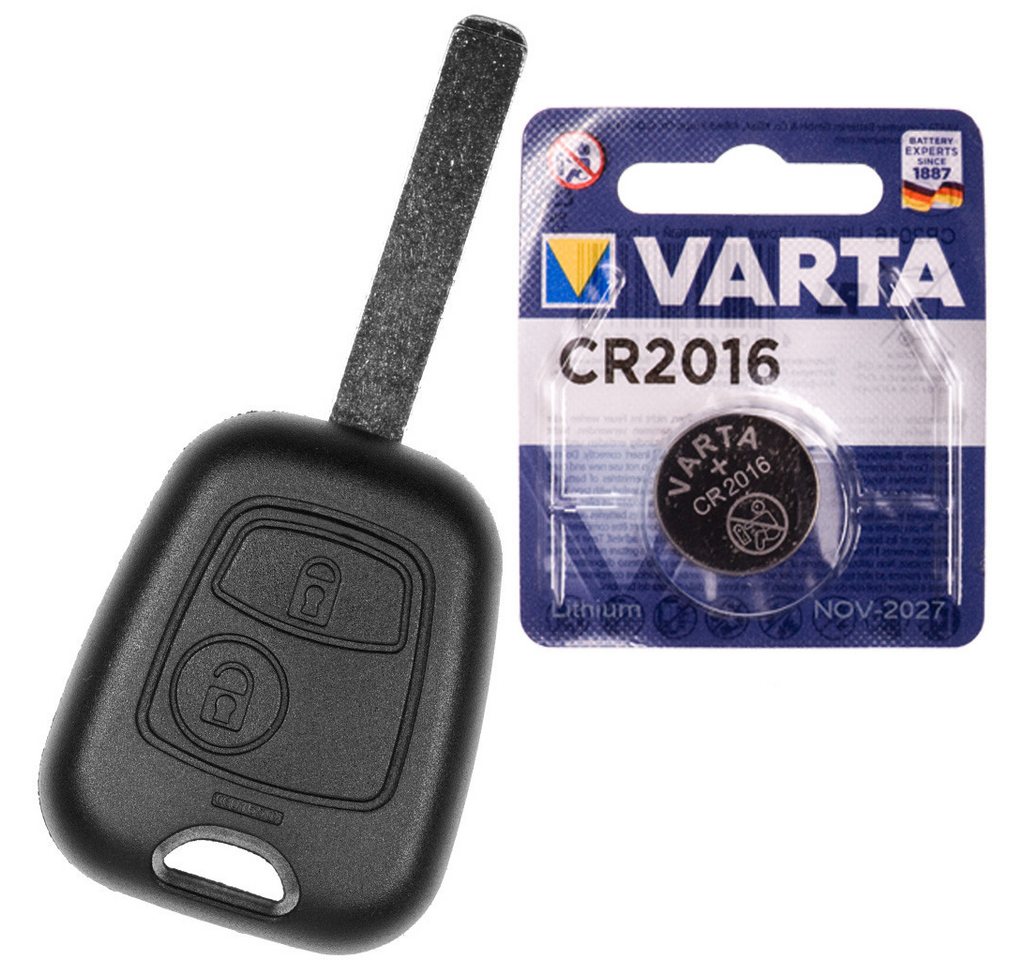 mt-key Auto Schlüssel Ersatz Gehäuse 2 Tasten + VA2 Rohling + VARTA CR2016 Knopfzelle, CR2016 (3 V), für Citroen C1 I C2 C3 I Peugeot 107 Toyota Funk Fernbedienung von mt-key
