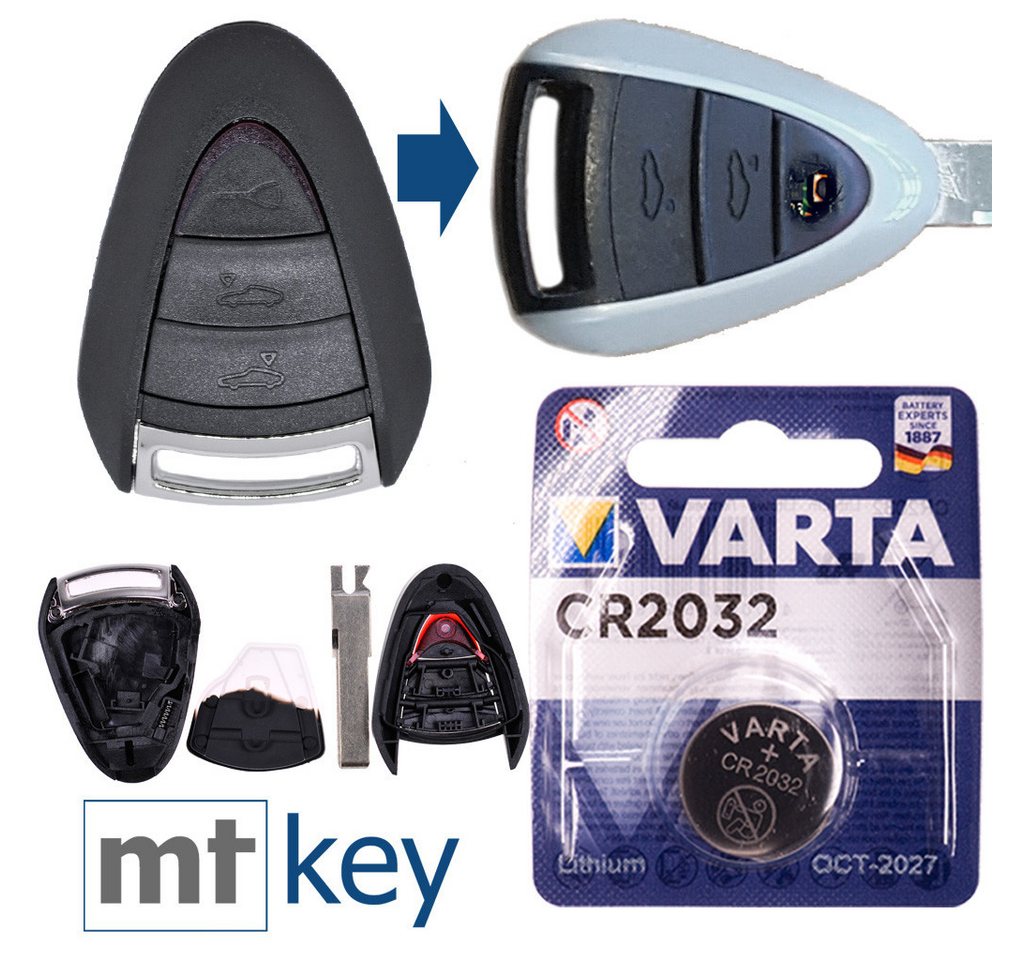 mt-key Auto Schlüssel Ersatz Gehäuse 3 Tasten + HAA Rohling + VARTA CR2032 Knopfzelle, CR2032 (3 V), für PORSCHE 911 997 987 Boxster Cayman Funk Fernbedienung von mt-key