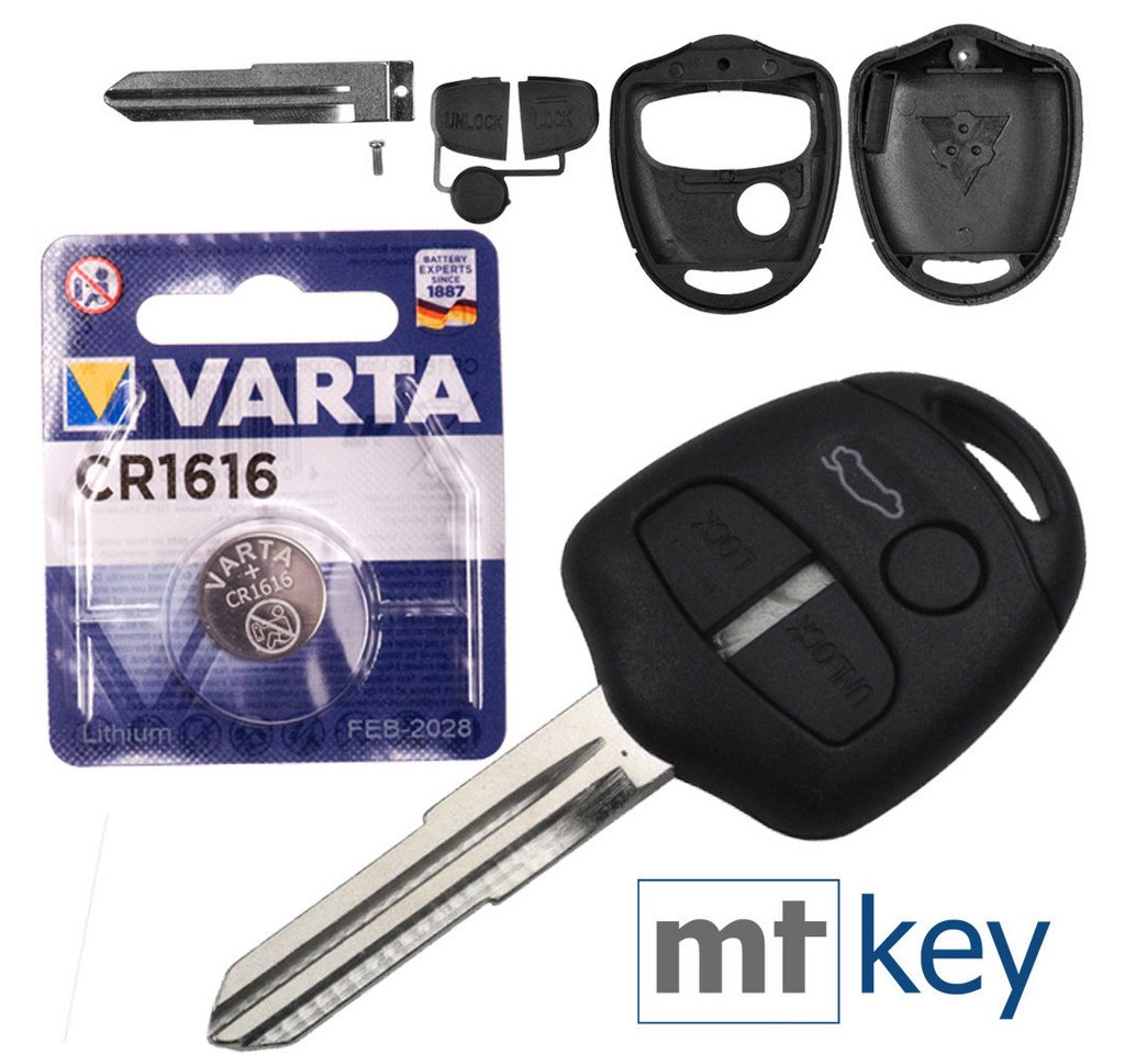 mt-key Auto Schlüssel Ersatz Gehäuse 3 Tasten + MIT8 Rohling + VARTA CR1616 Knopfzelle, CR1616 (3 V), für Mitsubishi Lancer Grandis L400 Pajero Funk Fernbedienung von mt-key