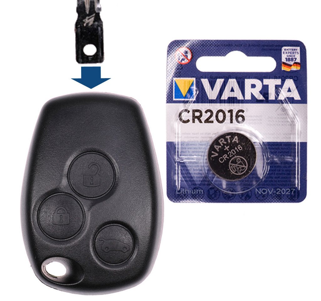mt-key Auto Schlüssel Ersatz Gehäuse 3 Tasten + VARTA CR2016 Knopfzelle, CR2016 (3 V), für Renault CLIO III KANGOO II TWINGO II Funk Fernbedienung von mt-key