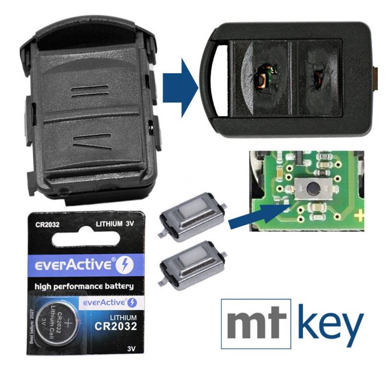mt-key Auto Schlüssel Ersatz Gehäuse Set + 2X Mikrotaster + passende CR2032 Knopfzelle, CR2032 (3 V), für OPEL Tigra B Twin Top Corsa C Meriva A Funk Fernbedienung von mt-key