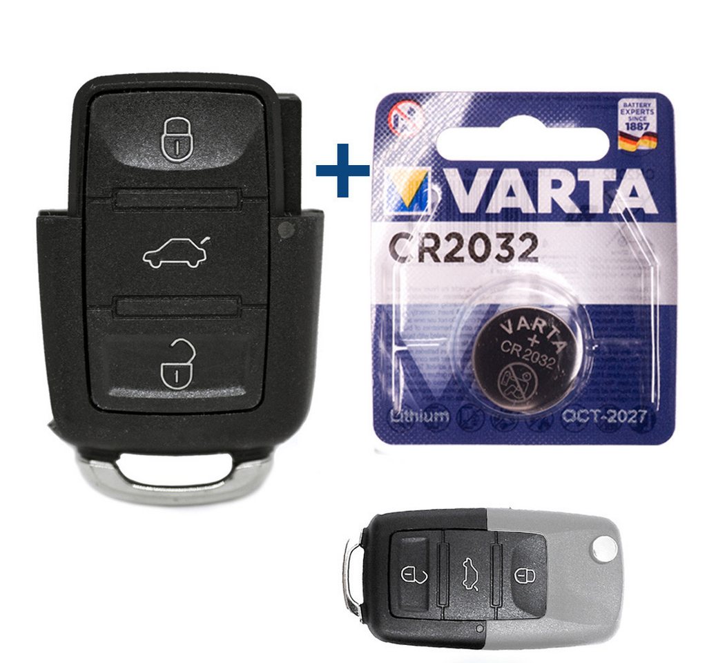 mt-key Auto Schlüssel Ersatz Reparatur Gehäuse 3 Tasten + VARTA CR2032 Knopfzelle, CR2032 (3 V), für VW Polo 9N 9C Passat B5 EOS 1F Touran 1T Funk Fernbedienung von mt-key