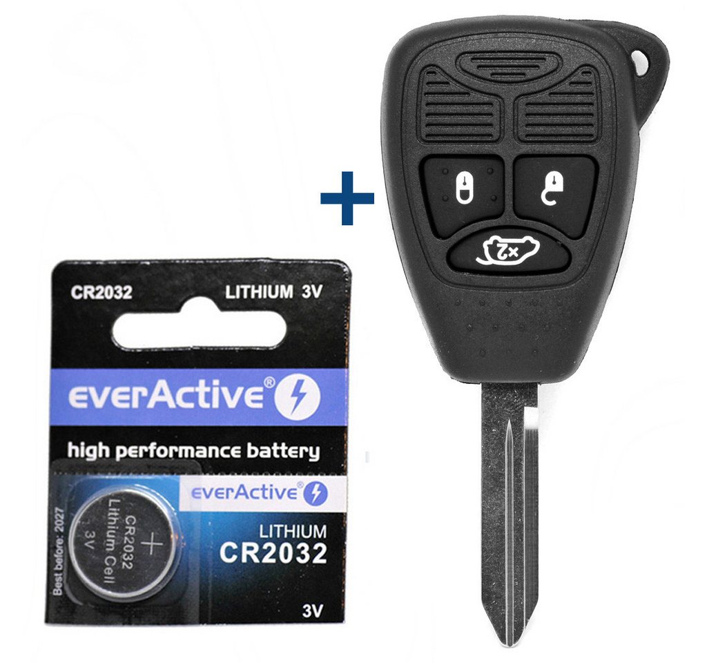 mt-key Auto Schlüssel Gehäuse 3 Tasten + 1x Rohling + 1x passende CR2032 Knopfzelle, CR2032 (3 V), für Chrysler Jeep Dodge Funk Fernbedienung von mt-key