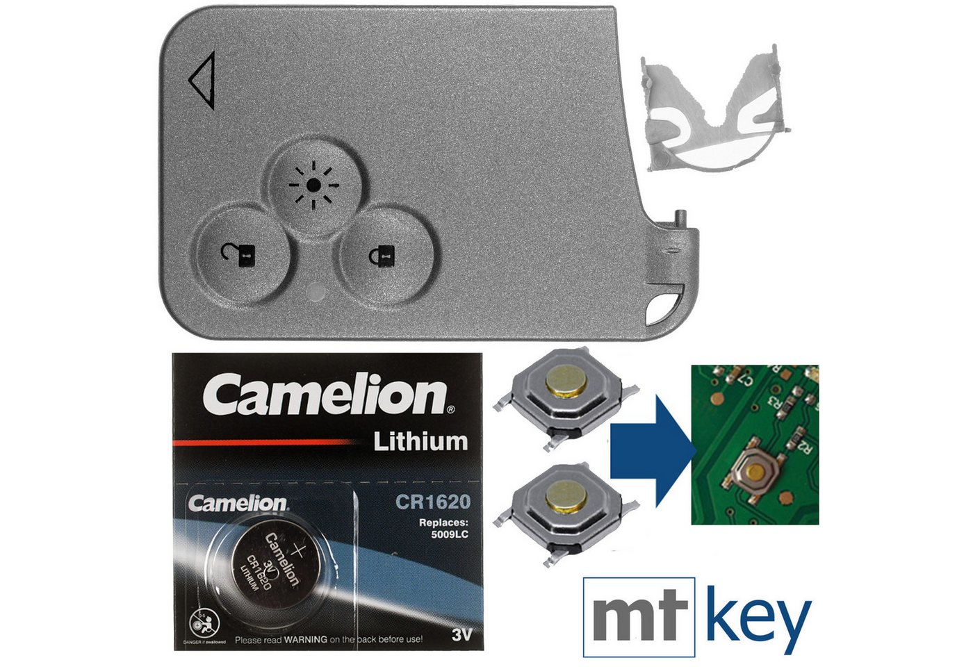 mt-key Auto Schlüssel Keycard 3 Tasten + 2X Mikrotaster + 1x passende CR1620 Knopfzelle, CR1620 (3 V), für Renault Laguna II Espace IV Vel Satis Funk Fernbedienung von mt-key