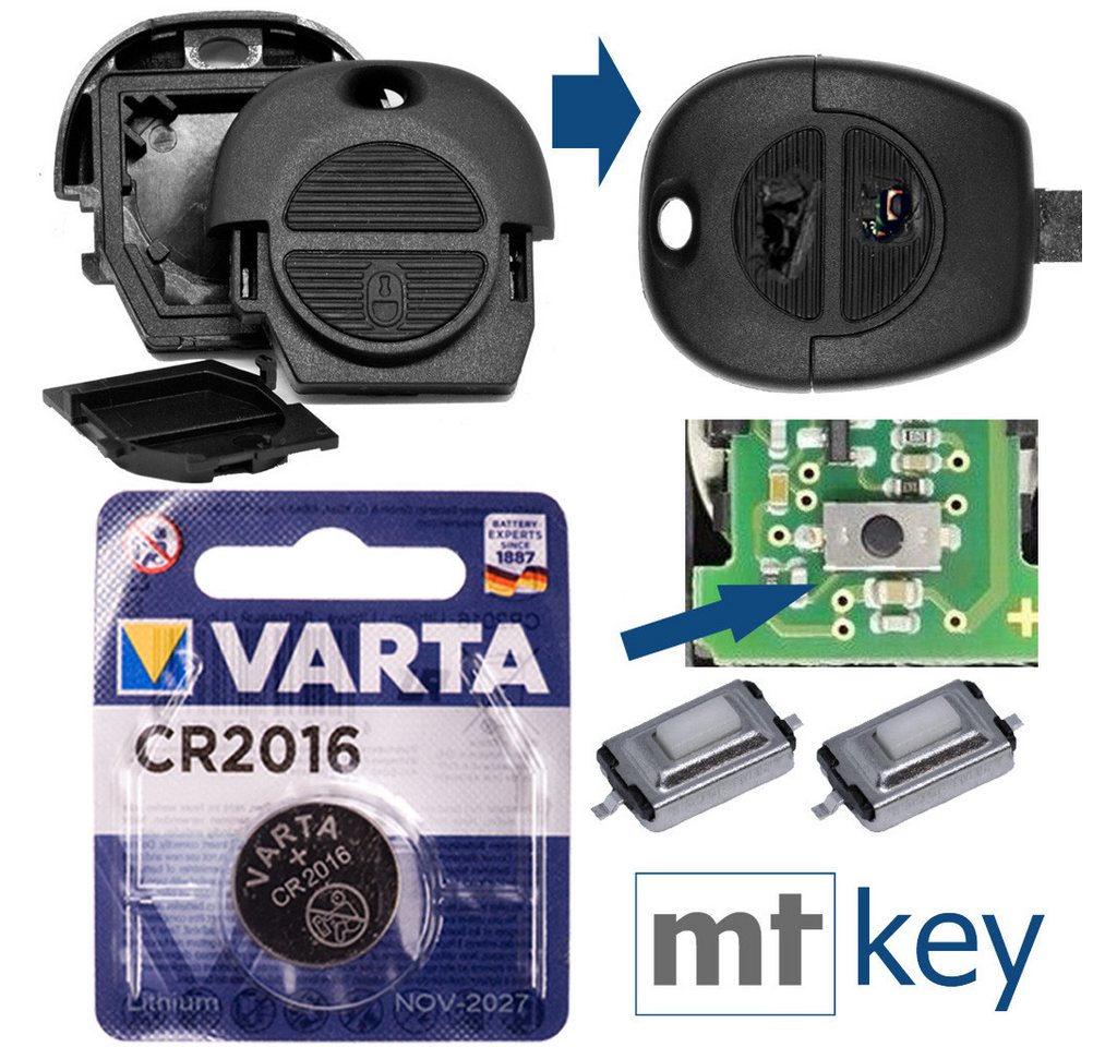 mt-key Auto Schlüssel Reparatur Gehäuse + 2x Mikrotaster + VARTA CR2016 Knopfzelle, CR2016 (3 V), für Nissan ALMERA Micra II Primera X-TRAIL Funk Fernbedienung von mt-key
