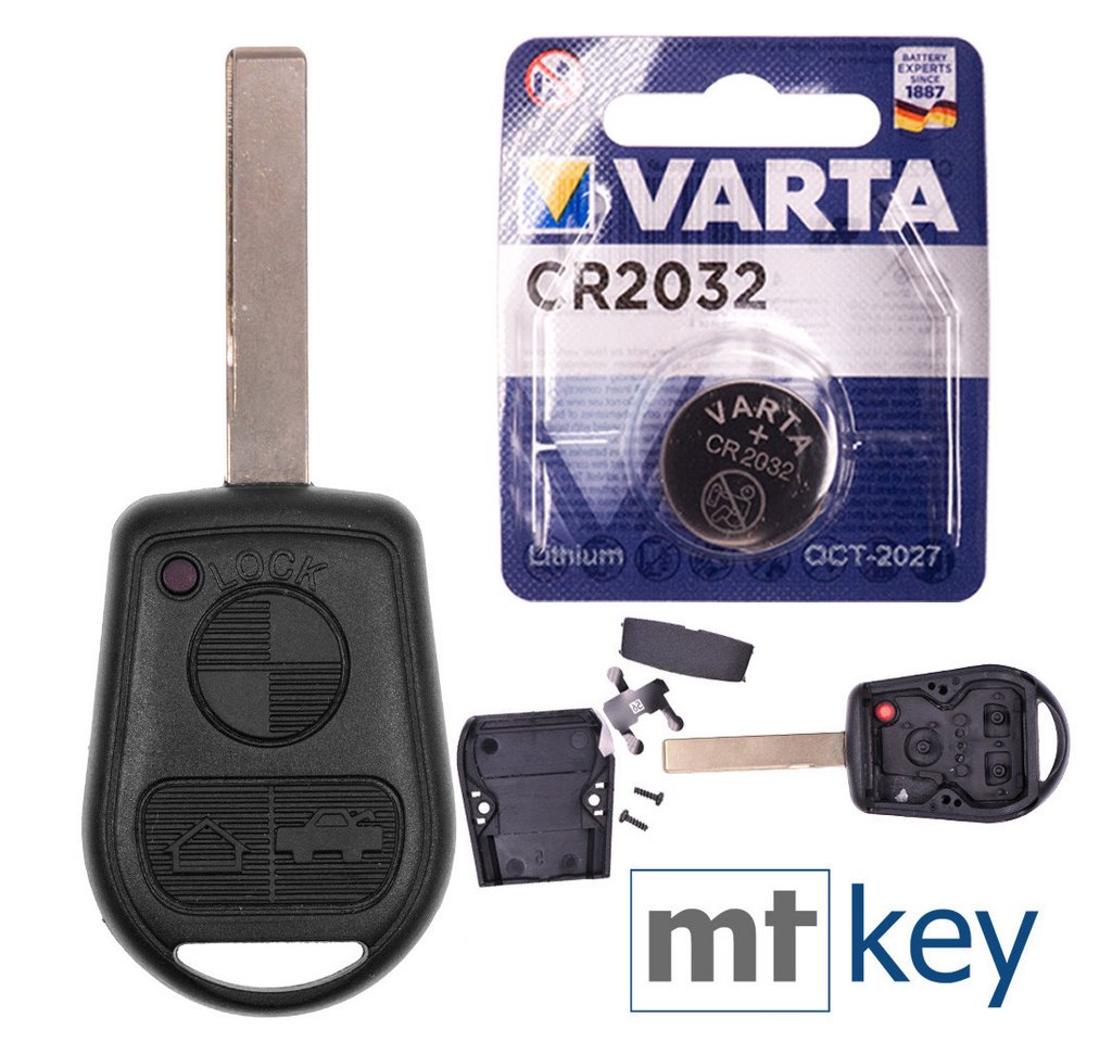mt-key Auto Schlüssel Reparatur Gehäuse + HU92 Rohling + 1x VARTA CR2032 Knopfzelle, CR2032 (3 V), für BMW E36 E31 E38 E39 Z3 Funk Fernbedienung von mt-key