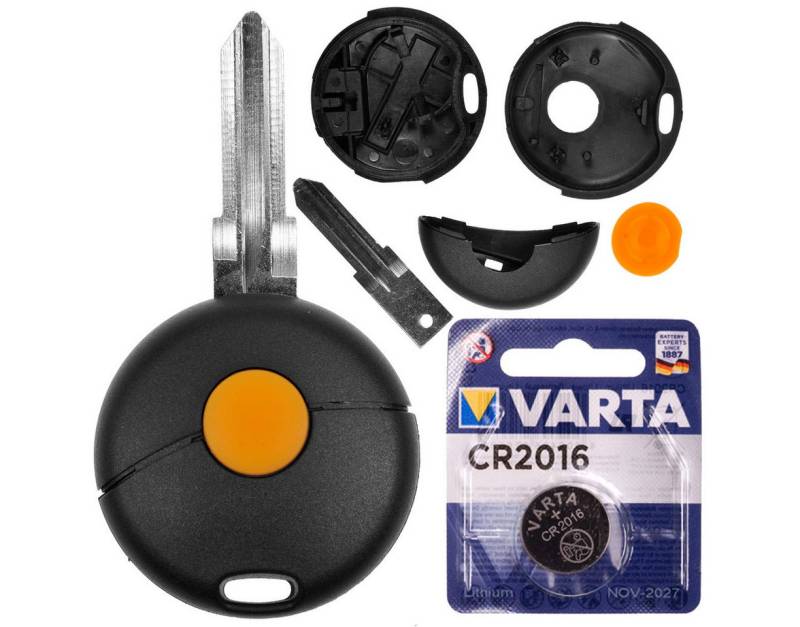 mt-key Auto Schlüssel Reparatur Gehäuse 1 Taste + Rohling + VARTA CR2016 Knopfzelle, CR2016 (3 V), für Smart 450 1. Generation Funk Fernbedienung von mt-key