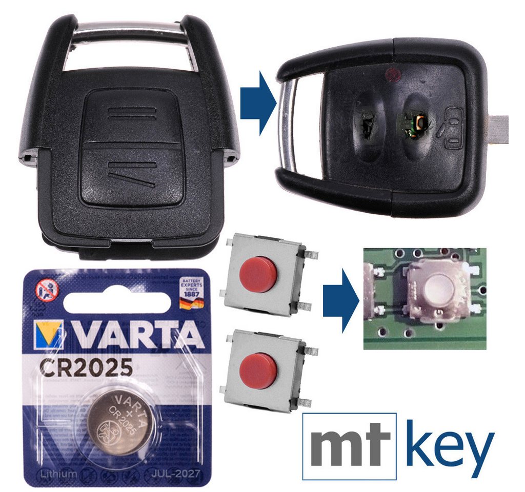 mt-key Auto Schlüssel Reparatur Gehäuse 2 Tasten + 2x Taster + VARTA CR2025 Knopfzelle, CR2025 (3 V), für Opel Astra G Zafira A Omega B Vetra B Funk Fernbedienung von mt-key