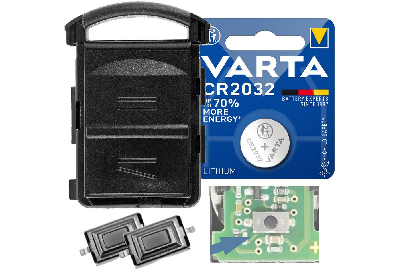 mt-key Auto Schlüssel Reparatur Gehäuse Set + 2x Mikrotaster + VARTA CR2032 Knopfzelle, CR2032 (3 V), für Opel Corsa Meriva Combo Tigra Funk Fernbedienung von mt-key