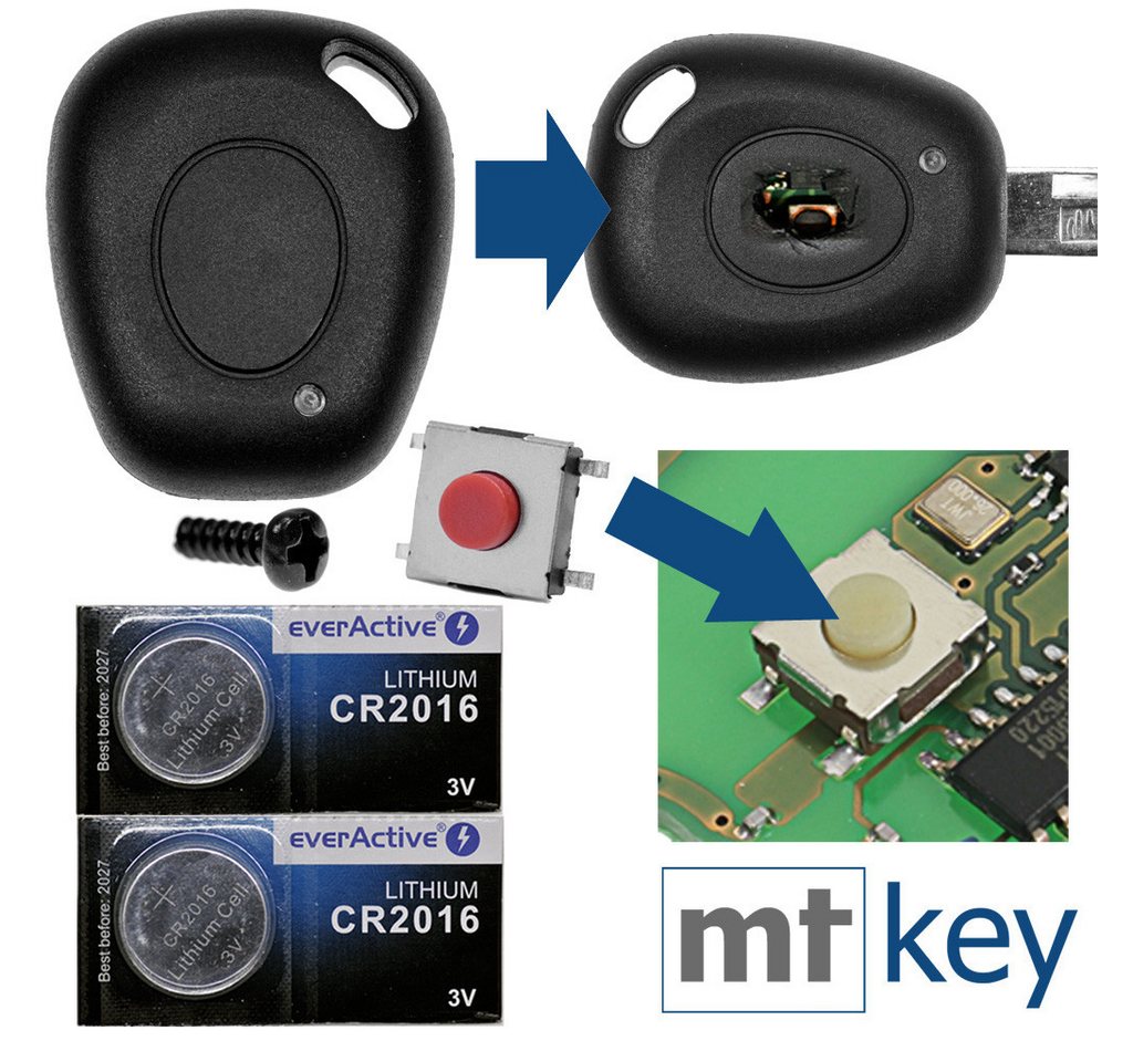 mt-key Auto Schlüssel Reparatur Satz + 1x Mikrotaster + 2X passende CR2016 Knopfzelle, CR2016 (3 V), für Renault Twingo Laguna Megane I Safrane Funk Fernbedienung von mt-key