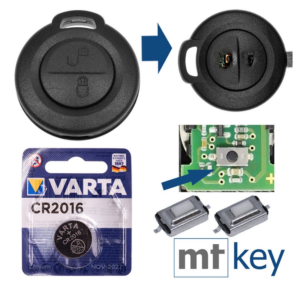 mt-key Auto Schlüssel Reparatur Set Gehäuse + 2x Mikrotaster + VARTA CR2016 Knopfzelle, CR2016 (3 V), für Mitsubishi Colt Smart 454 Forfour Funk Fernbedienung von mt-key