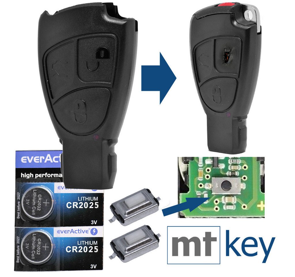 mt-key Auto Schlüssel Smartkey Ersatz Gehäuse 3 Tasten + 2X passende CR2025 Knopfzelle, CR2025 (3 V), für Mercedes Benz C209 A209 CLK W209 W211 Funk Fernbedienung von mt-key