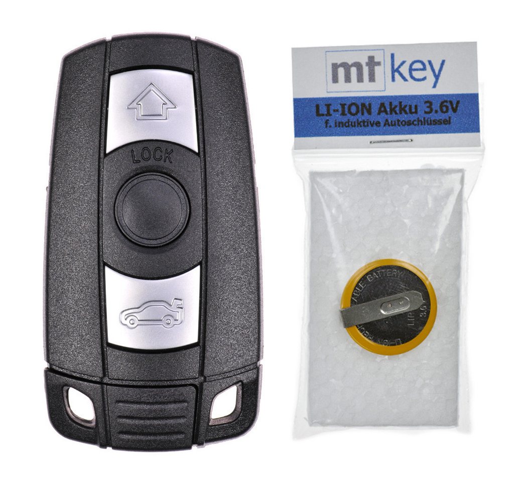 mt-key Auto Schlüssel Smartkey Gehäuse 3 Tasten + Notschlüssel + LIR2025 Knopfzelle, LIR2025 (3,6 V), für BMW E60 E90 E53 E87 E88 E81 E63 E61 E91 Funk Fernbedienung von mt-key