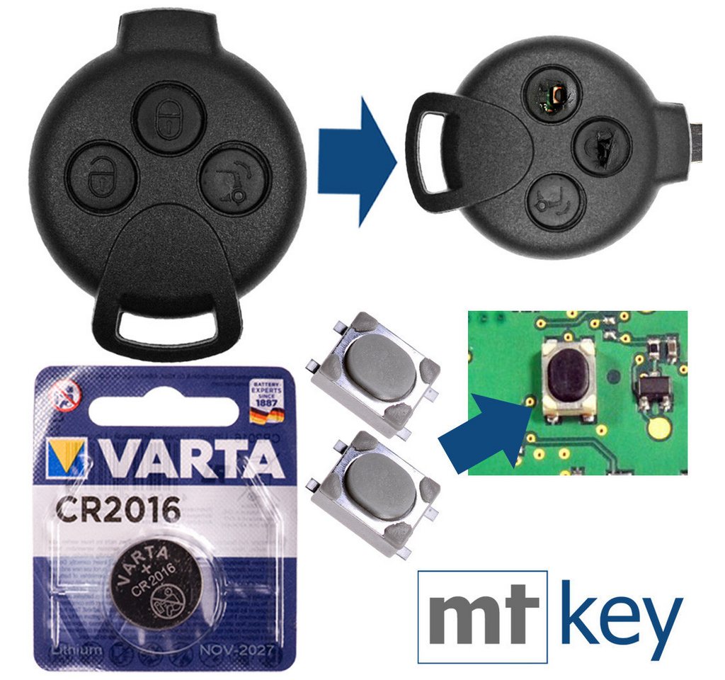 mt-key Autoschlüssel Ersatz Gehäuse 3 Tasten + 2x Mikrotaster + VARTA CR2016 Knopfzelle, CR2016 (3 V), für Smart Funk Fernbedienung von mt-key
