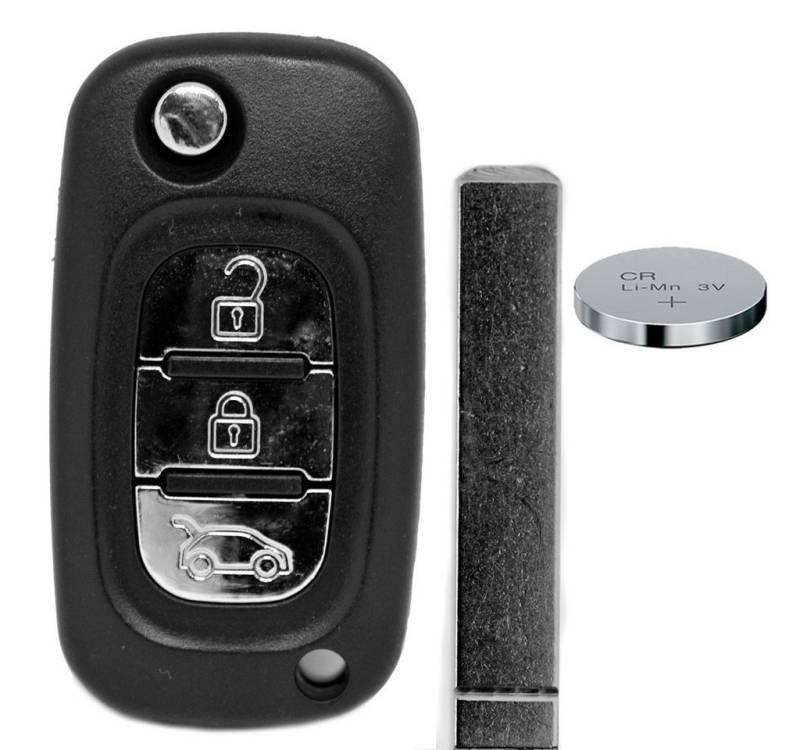 mt-key Klapp Schlüssel Reparatur Ersatz Gehäuse 3 Tasten + Rohling + CR2032 Knopfzelle, CR2032 (3 V), für Renault Funk Fernbedienung von mt-key