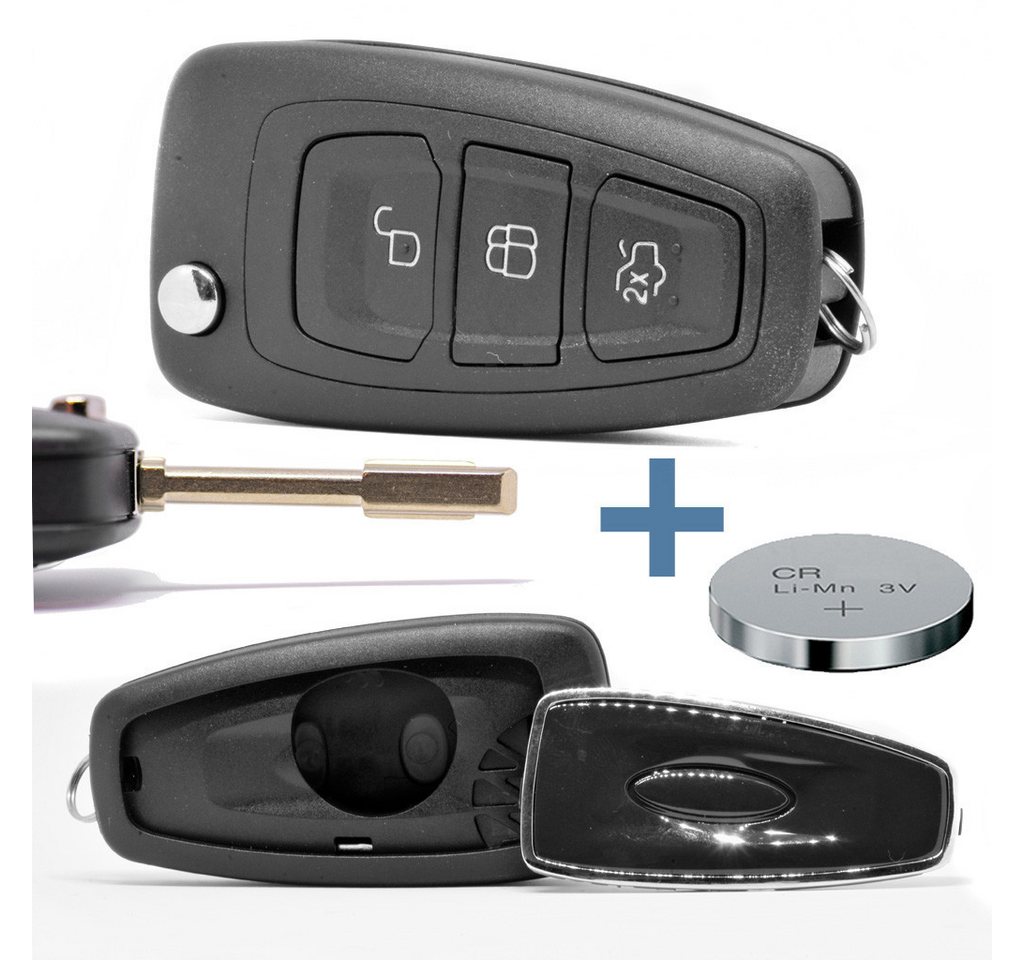mt-key Klapp Schlüssel Reparatur Gehäuse + FO21 Rohling + 1x passende CR2032 Knopfzelle, CR2032 (3 V), für Ford Funk Fernbedienung von mt-key