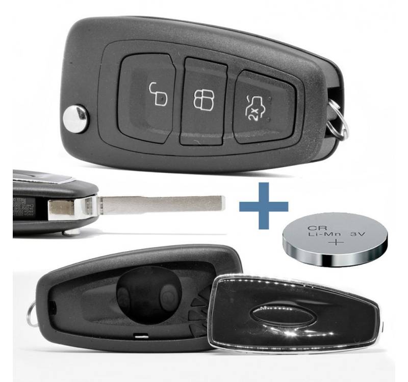 mt-key Klapp Schlüssel Reparatur Gehäuse + HU101 Rohling + passende CR2032 Knopfzelle, CR2032 (3 V), für Ford Funk Fernbedienung von mt-key