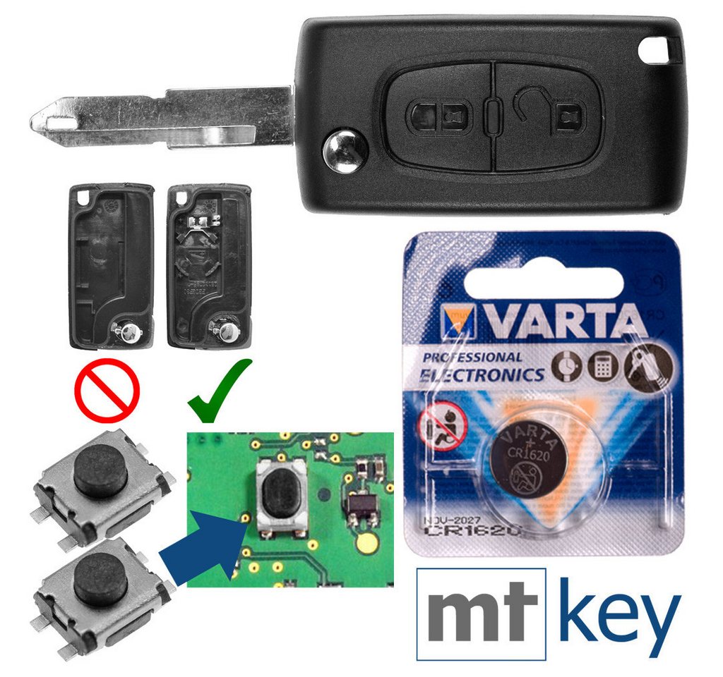 mt-key Klappschlüssel Tausch Gehäuse 2 Tasten + NE73 + Taster + VARTA CR1620 Knopfzelle, CR1620 (3 V), für Peugeot Citroen Funk Fernbedienung von mt-key