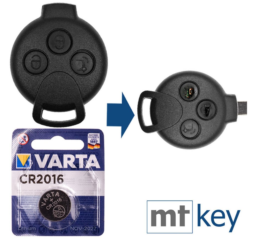 mt-key Reparatur Satz Auto Schlüssel Ersatz Gehäuse 3 Tasten + VARTA CR2016 Knopfzelle, CR2016 (3 V), für Smart Fortwo 2007-2015 Funk Fernbedienung von mt-key