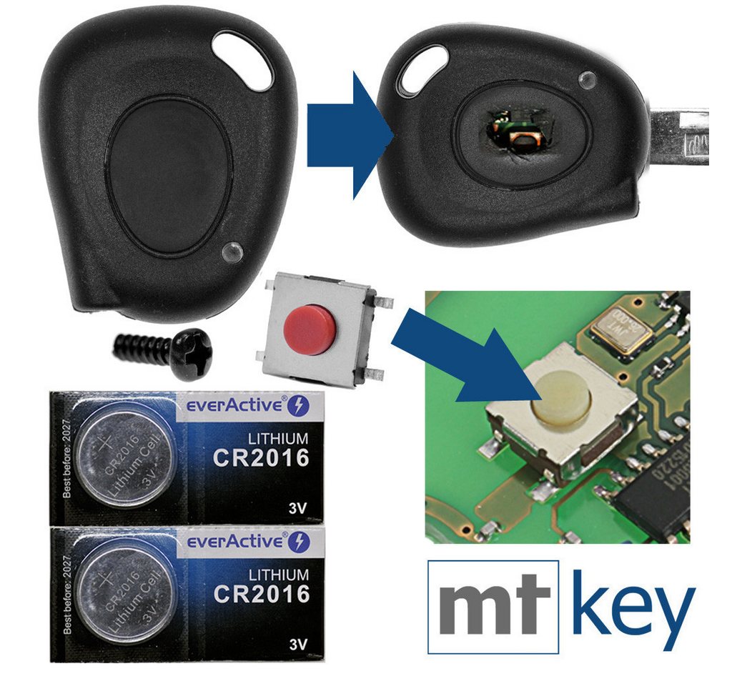 mt-key Reparatur Satz INFRAROT Gehäuse + 1x Mikrotaster + 2X passende CR2016 Knopfzelle, CR2016 (3 V), für Renault Funk Fernbedienung von mt-key