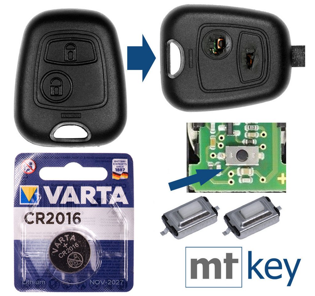 mt-key Reparatur Set Auto Schlüssel Ersatz Gehäuse + 2 Taster + VARTA CR2016 Knopfzelle, CR2016 (3 V), für Peugeot 107 207 406 308 Citroen C4 C1 C2 Funk Fernbedienung von mt-key