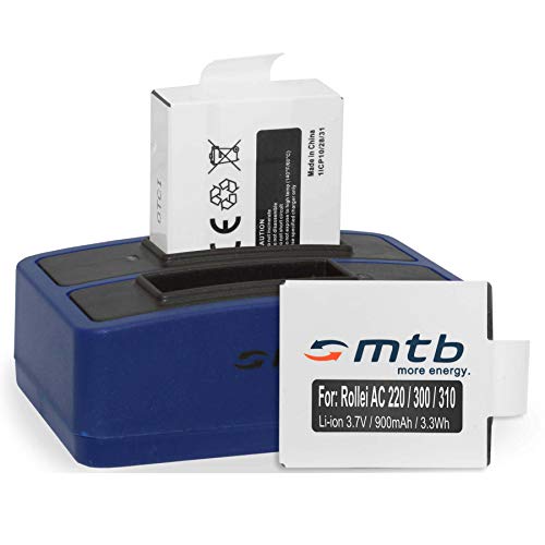 2 Akkus + Dual-Ladegerät (USB) für Rollei Actioncam 220, 300, 300 Plus, 310, 330, 333, 350, 415, 416, 422 (inkl. Micro-USB-Kabel) von mtb more energy