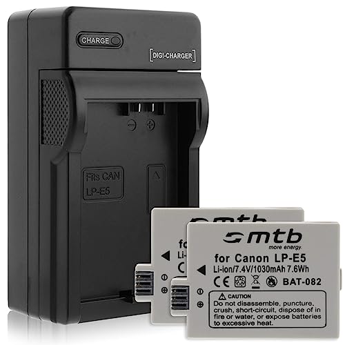 2 Akkus + Ladegerät (KFZ, Netz) für Canon LP-E5 / EOS 450D, 500D, 1000D / Rebel T1i, XS, Xsi von mtb more energy