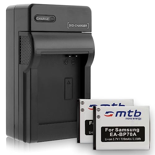 2 Akkus + Ladegerät (KFZ, Netz) für Samsung EA-BP70A, ES65 ES67 ES70 PL..ST.. WB50F...Siehe Liste von mtb more energy