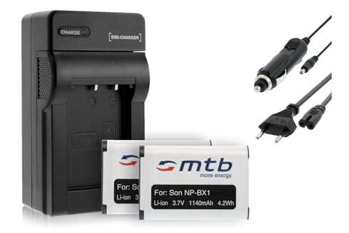 2 Akkus + Ladegerät (KFZ, Netz) kompatibel mit Sony NP-BX1 / HDR-AS50, AS200V, AS300 … / DSC-HX400, RX100 IV... / PJ410 ... / FDR-X1000V, X3000R ... (s. Liste) von mtb more energy