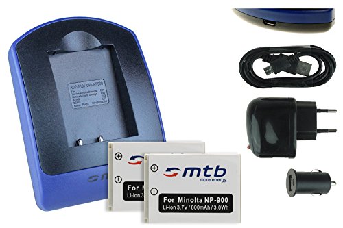 2X Akku + Ladegerät (Netz+Kfz+USB) kompatibel mit Konica Minolta NP-900, Olympus Li-80B … (Siehe Beschreibung) von mtb more energy
