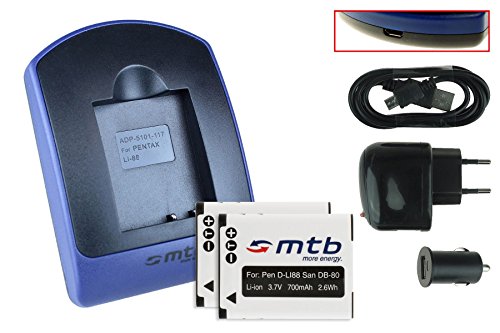 2 Akkus + Ladegerät (Netz+Kfz+USB) für Pentax D-Li88 / Panasonic VW-VBX070 / Sanyo DB-L80 / Toshiba PX1686... - s. Liste von mtb more energy