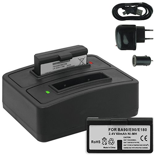 2X Akku + Dual-Ladegerät (Netz+Kfz+USB) BA-90 für Sennheiser Audioport A1, E90, E180 (Set 180), HDE 1030 / HDI 91, 92... / RI 200, RI 300... - s. Liste von mtb more energy