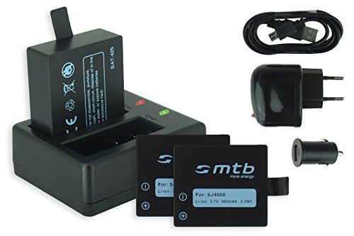 3X Akku + Dual-Ladegerät (Netz+Kfz+USB) für Qumox SJ4000, SJ4000+, SJ5000, SJ5000+, SJ5000X Elite/SJCam M10(+), X1000 / DBPower EX4000, EX5000 ... s. Liste! von mtb more energy