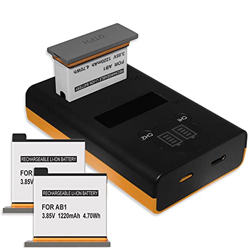 3X Akku + Dual-Ladegerät (USB, mit LCD) kompatibel mit Osmo AB1 für DJI Osmo Action Sportscam - inkl. Micro-USB-Kabel (2 Akkus gleichzeitig ladbar) von mtb more energy
